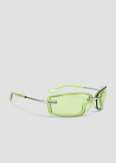 A sleek rectangular silhouette with lenses overlayed on the wrapped frames. Frames are made with combination of durable, lightweight plastic that outlines the silhouette and striking metal details on the nose bridge and temples. Comfortable acetate eartips provide a secure fit. Metal frames with green lenses. Green Classic Acetate Sunglasses, Modern Green Sunglasses With Tinted Lenses, Modern Green Sunglasses With Anti-reflective Coating, Modern Green Anti-reflective Sunglasses, Modern Green Glass Sunglasses, Elegant Green Rectangular Sunglasses, Bonnie Clyde, Green Lenses, Metal Frames