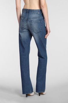 Belvira Jeans in blue denim, flap closure, belt loops, five pockets, rear logo label, sandblasted, straight leg, 100% cotton, Made in Tunisia, Model is 180 cm and wears 36 | Isabel Marant Étoile Women's Belvira Jeans in Blue Denim | FW23/24 Denim Label, Isabel Marant Etoile, Logo Label, Tunisia, Luxury Retail, Casual Wardrobe, Luxury Boutique, Isabel Marant, Wardrobe Essentials