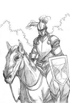 a drawing of a man riding on the back of a horse wearing a helmet and armor