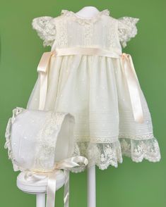 YoYo Boutique Clementina Dress with Bonnet Baby Blessing Dress, Blessing Dress, Baby Blessing, Baby Dedication, Spanish Fashion, First Communion Dresses, Baptism Dress, Heirloom Sewing, Communion Dresses