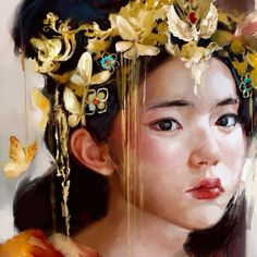 an artistic painting of a woman with flowers in her hair and butterflies on her head