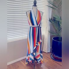 Multicolored Striped Maxi Dress With Asymmetrical Ruffled Skirt. Never Worn. Asymmetrical Ruffled Skirt, Ruffled Skirt, African Prints, Striped Maxi, Striped Maxi Dresses, Asymmetrical Dress, African Print, Evening Gowns, Colorful Dresses