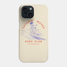 a white phone case with an image of a surfer and his dog