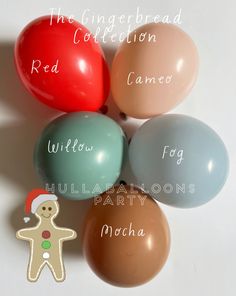 six balloons with the names of different types of balloons on them, including one for children and one for adults