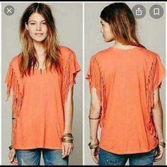 Brand New Never Work Orange Free People Fringe Shirt. Size M Fringe V-neck Top For Fall, Summer V-neck Tops With Fringe, Summer V-neck Tops With Fringe Details, Summer V-neck Top With Fringe, Casual V-neck Top With Fringe, Spring Cotton Tops With Fringe, Cotton Fringe Tops For Spring, Cotton Fringe Short Sleeve Tops, Spring Fringe Crew Neck Tops