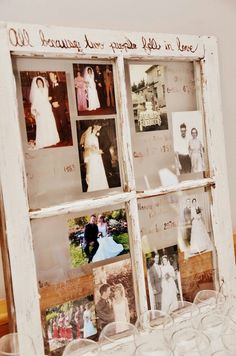 an old window with pictures and wine glasses