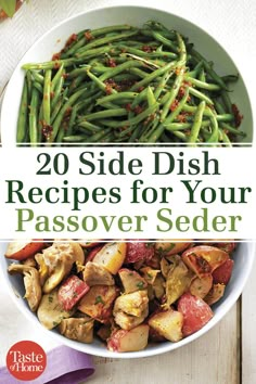 the cover of 20 side dish recipes for your passover seder, with potatoes and green beans in a white bowl