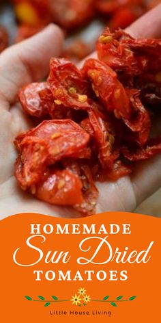 someone holding up some dried tomatoes in their hands with the words homemade sun dried tomatoes