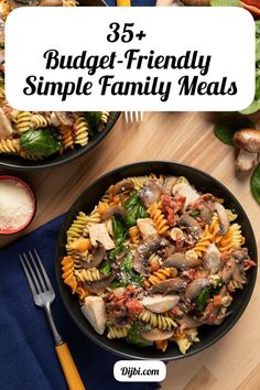 a bowl of pasta with mushrooms and spinach in it next to a plate of vegetables