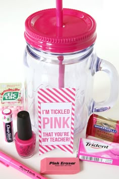 a pink teacher's day gift in a mason jar