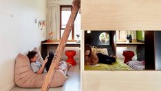 two children are laying on the floor in their bunk beds, one with a ladder