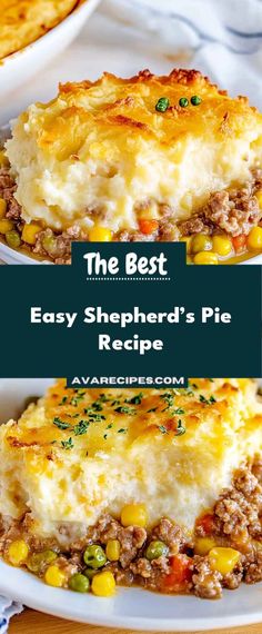 the best easy shepherd's pie recipe on a white plate with text overlay