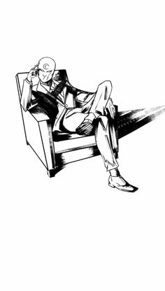 a black and white drawing of a man sitting in a chair with his legs crossed