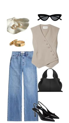 Jeans, vest, Prada sling-backs, polene bag, cat eye sunglasses, gold delicate jewelry Cool Night Out Outfit, Outfit Fresco, Friday Night Outfit, Evening Dinner, Youtube Content, Dressy Casual Outfits, Outfit Plan, Night Out Outfit, Dressy Outfits