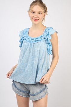 Introducing our latest addition, the Ruffled Washed Knit Blouse Top! Perfect for the lovely spring season, this sleeveless top features a round neck for a soft, feminine look. Ideal for a dinner out, this soft girlcore blouse adds a touch of fun and flair to any outfit. Fabric: 100% Rayon Spring Cotton Tank Top With Ruffled Straps, Casual Cotton Top With Ruffled Straps, Casual Cotton Tops With Ruffled Straps, Spring Cotton Ruffled Tank Top, Spring Cotton Ruffle Tank Top, Spring Cotton Tank Top With Ruffles, Casual Flutter Sleeve Top For Spring, Casual Ruffle Sleeve Tops For Spring, Trendy Cotton Tops With Ruffled Straps