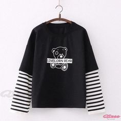 Qteee - Cozy Cartoon Bear Print Sweatshirt with Stylish Stripe Sleeves Teenage Girl Outfit, Letter Print Sweatshirt, Winter Color, Cartoon Bear, Striped Sleeve, Teen Vogue, Bear Cartoon, Bear Print, Print Sweatshirt