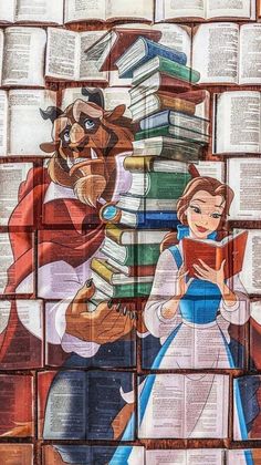 an image of the beauty and the beast characters on book pages with books stacked up behind them