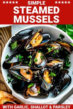 the cover of simple steamed mussels with garlic, shallot and parsley