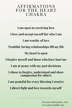 Affirmations for the fourth chakra, Anahata or the Heart Chakra. #affirmations #healing #yogilifestyle #yogi #chakrahealing #healyourself #yogalove #yogalife Heart Healing Quotes, Mantras For Healing, Heart Chakra Affirmation, Grounding Ritual, Crystal Affirmations, Fourth Chakra, Heal Heart