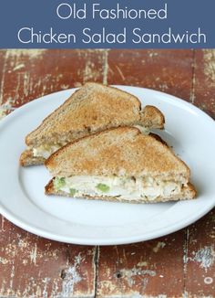 an old fashioned chicken salad sandwich on a white plate with the words, old fashioned chicken salad sandwich