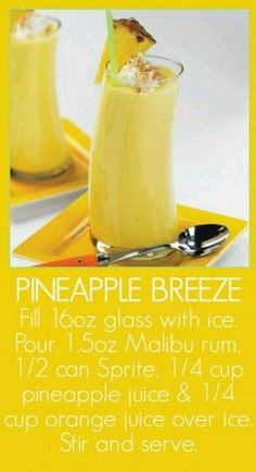 an advertisement for pineapple breeze with two glasses filled with ice and topped with a garnish