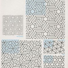 four different types of geometric designs in black and white, with blue lines on each side