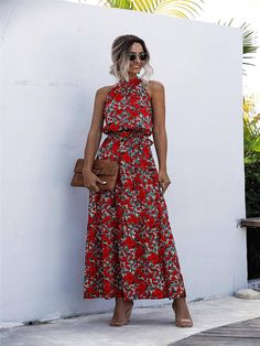 Floral Print Halter Strapless Long Dress Halter Tie Dress, Flower Print Midi Dress, Tied Dress, Yellow Sundress, Floral Halter Dress, Tie Neck Dress, Sleeveless Dress Summer, Midi Dress Casual, Polka Dress