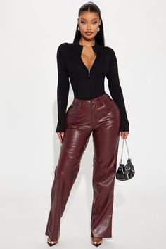 Burgundy Leather Pants, Black Bodysuit Outfit, Faux Leather Straight Leg Pants, Tell Me Why, Fashion Nova Outfits, Body Suit Outfits, Leather Pant, Birthday Dinner, Ribbed Bodysuit