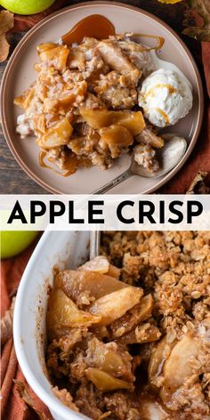 apple crisp in a white bowl next to an image of apples and other desserts