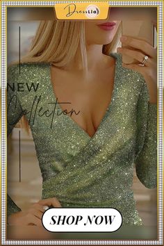 Glitter V-neck Wrap Bodycon Dress Sequin Evening Gowns, Party Dress Sale, Party Package, Neck Bodycon Dress, Neck Wrap, Dress Size Chart, Olivia Mark, Hip Length, Green Dress