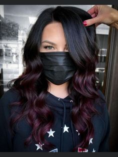 Black Cherry Hair Color Balayage, Black Burgundy Balayage, Black And Wine Hair, Black Cherry Ombre Hair, Dark Hair With Burgundy, Dark Hair With Burgundy Highlights, Burgundy And Black Hair, Blackberry Hair Color Dark, Dark Fall Hair Color Ideas