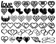 a large collection of hearts with different shapes and sizes, all in black and white