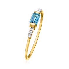 Ross-Simons - .30ct London Blue Topaz Ring, Diamond Accents in 14kt Yellow Gold. Size 9. RS Pure. Modern designs that complete your outfit and complement your personality. Perfect for gemstone lovers or blue-eyed beauties, this dainty ring features a .30 carat emerald-cut London blue topaz sparked at each side by icy diamond accents. Set in polished 14kt yellow gold, it's ideal for adding a bit of color to your favorite stack. 1/8" wide. London blue topaz ring. Blue Topaz birthstones are the per Topaz Birthstone, London Blue Topaz Ring, Topaz Color, Yellow Gold Jewelry, Ring With Diamond, Blue Eyed, Natural Gold, Ring Blue, Pretty Rings