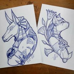 two drawings of horses with designs on them