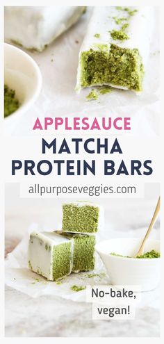 there are two pieces of matcha protein bars on top of each other with the words, no bake, vegan