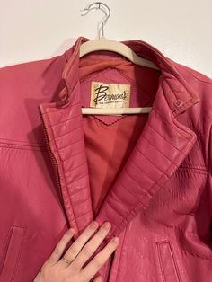 Vintage bubblegum pink leather jacket Women's size medium Retro Pink Outerwear For Spring, Retro Pink Outerwear For Fall, Fitted Pink Leather Jacket For Spring, Pink Leather Jacket For Fall, Pink Fitted Leather Jacket For Spring, Fitted Pink Leather Jacket For Winter, Pink Leather Jacket For Winter, Retro Pink Spring Outerwear, Pink Womens Retro Jacket