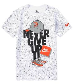 From Nike 3Brand by Russell Wilson&#x2C; this t-shirt features:Regular fitCrew necklineShort sleeves"Never Give Up" front graphicPullover constructionSoft jersey fabricCotton/polyesterMachine wash/tumble dryImported. Character Print Tops For Summer Sports, Sporty White Top With Character Print, White Sporty Top With Character Print, White Sports T-shirt With Character Print, Kids T Shirt Design Boys, Boys T Shirt Print, Kids T Shirt Design Ideas, Boys T Shirt Design, Kids Tshirt Designs