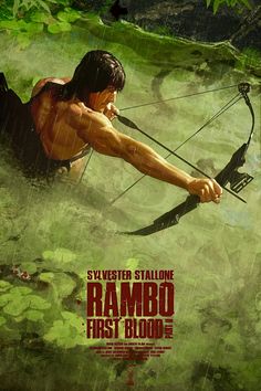 the poster for rambo's first blood is shown in front of a jungle scene