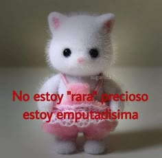 a small white kitten wearing a pink tutu with words written on the front and bottom