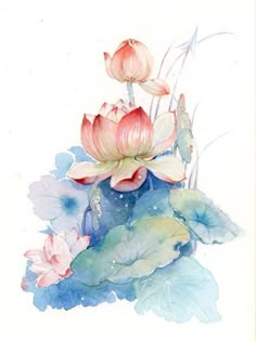 watercolor painting of pink flowers and leaves