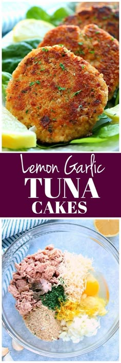 lemon garlic tuna cakes on a plate with rice and vegetables