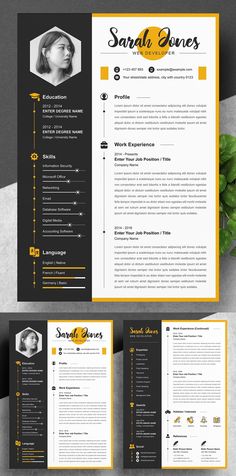 two page resume template with yellow accents on the front and back cover, in black and white