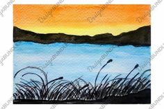 a watercolor painting of a sunset over a lake with reeds in the foreground