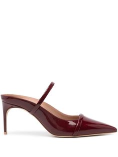 bordeaux red calf leather patent finish pointed toe branded leather insole leather sole 70mm high stiletto heel slip-on style Luxury Patent Leather Pointed Toe Mules, Chic Pointed Toe Mules With Red Sole, Formal Pointed Toe Mules With Red Sole, Formal Mules With Red Sole And Pointed Toe, Elegant Mules With Red Sole And Pointed Toe, Elegant Pointed Toe Mules With Red Sole, Elegant Red Mules With Sculpted Heel, Patent Leather Mules With 4-inch Heel, Patent Leather Pointed Toe Mules With Padded Heel