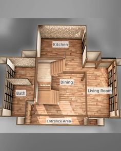 an overhead view of a kitchen and living room in a small house with wood flooring