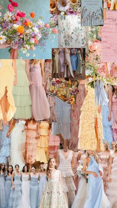 a collage of dresses and bouquets in pastel colors, with flowers on them