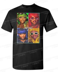 three black women wearing different colored wigs and sunglasses on a black t - shirt