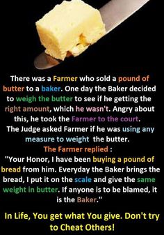 a piece of butter sitting on top of a knife with the words, there was a farmer who sold a pound of butter to a baker