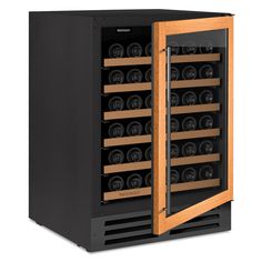 the wine cooler has many bottles in it