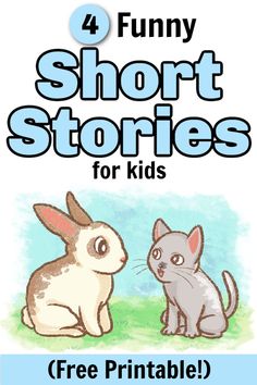 the four funny short stories for kids are shown in front of a blue and white background